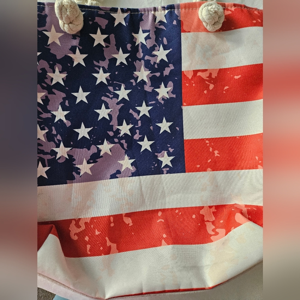 Tie Dye Splashed American Flag Rope Handle Tote - Picture 5 of 9